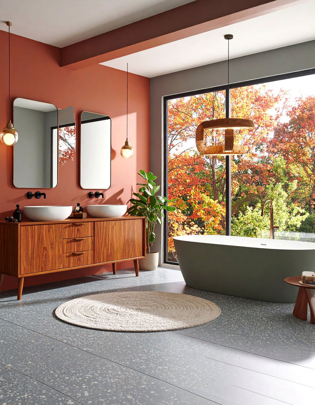 Mid Century Modern Gray Floor Bathroom with Walnut Vanity - 25 Gray Floor Bathroom Ideas