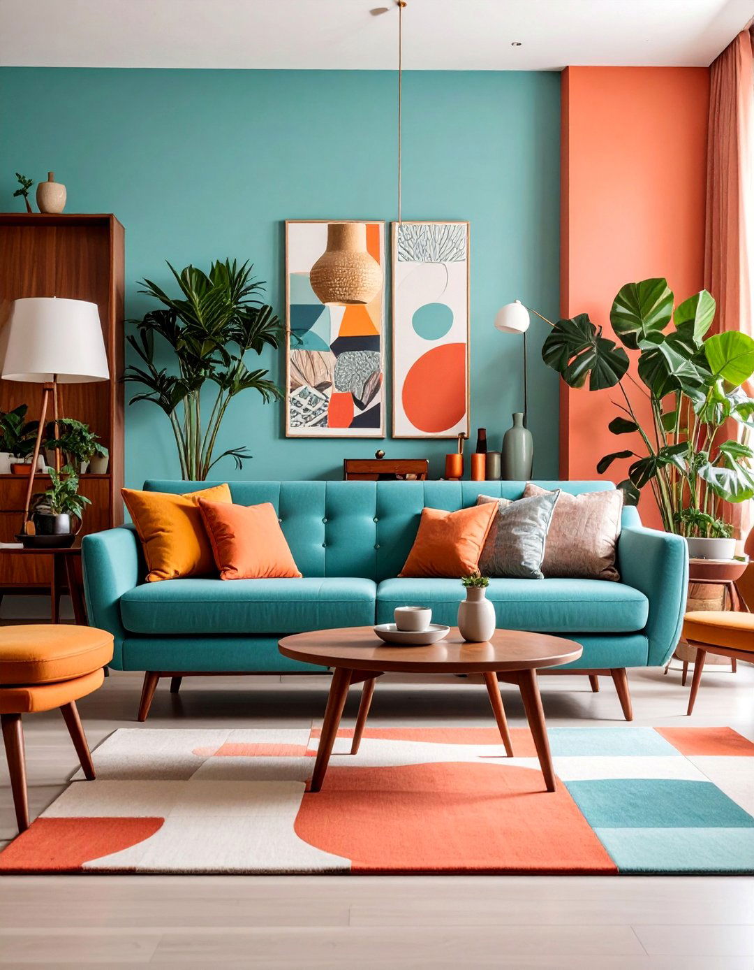 Mid Century Modern Grey Couch Space with Retro Furniture - 25 Grey Couch Living Room Ideas