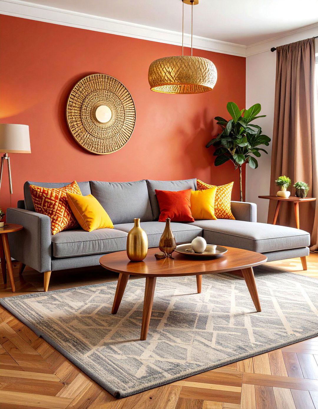 Mid Century Modern Grey Sectional with Warm Wood Tones - 25 Grey Sectional Living Room Ideas