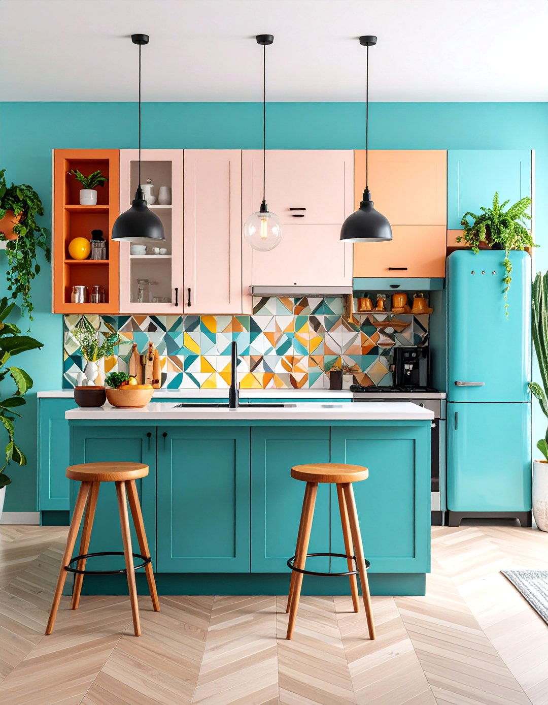 Mid Century Modern Kitchen with Cylindrical Pulls - 25 White Kitchen Cabinets With Black Hardware