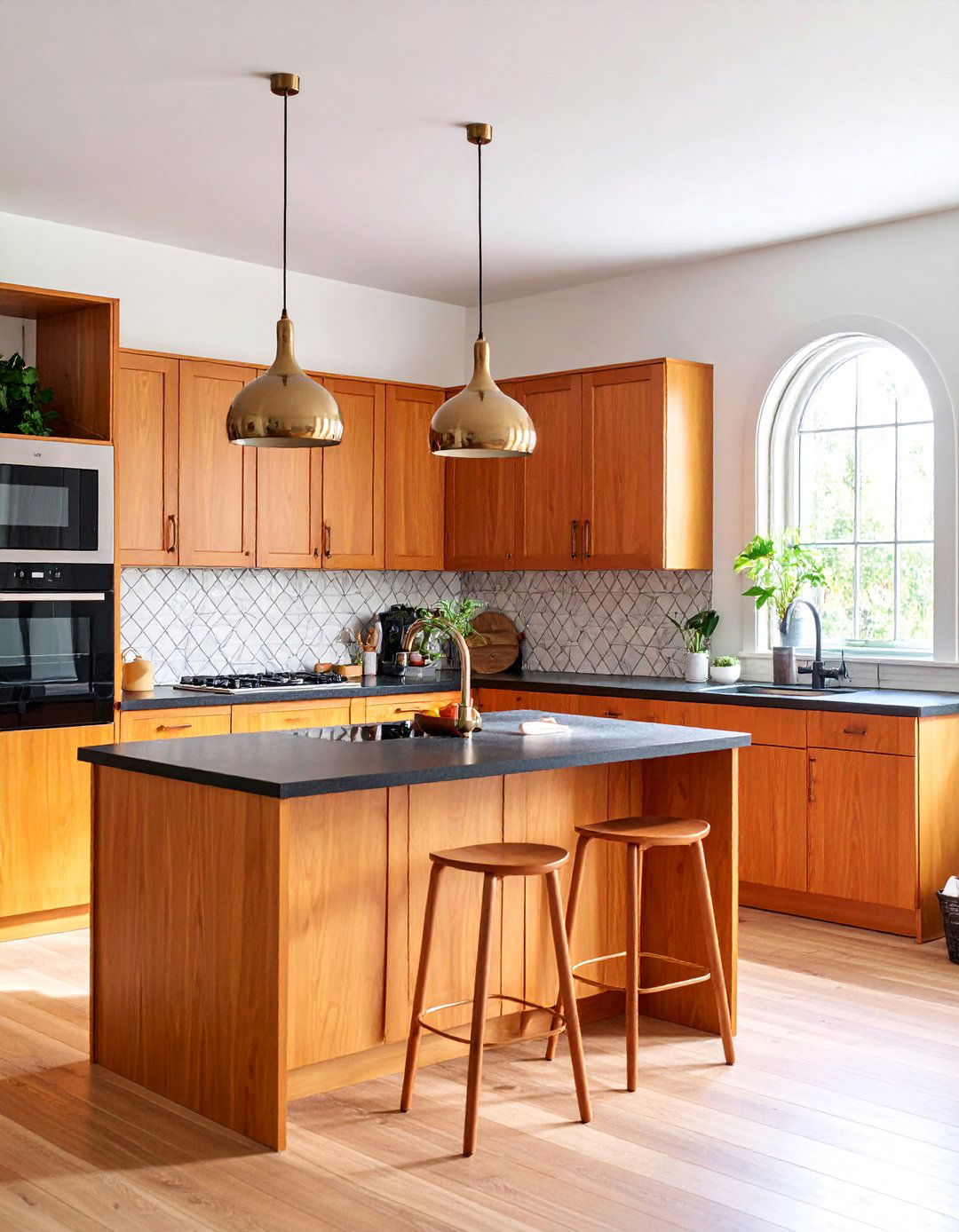 Mid Century Modern Kitchen with Dark Walnut and Blonde Wood Cabinets - 25 kitchen with dark countertops and light cabinets