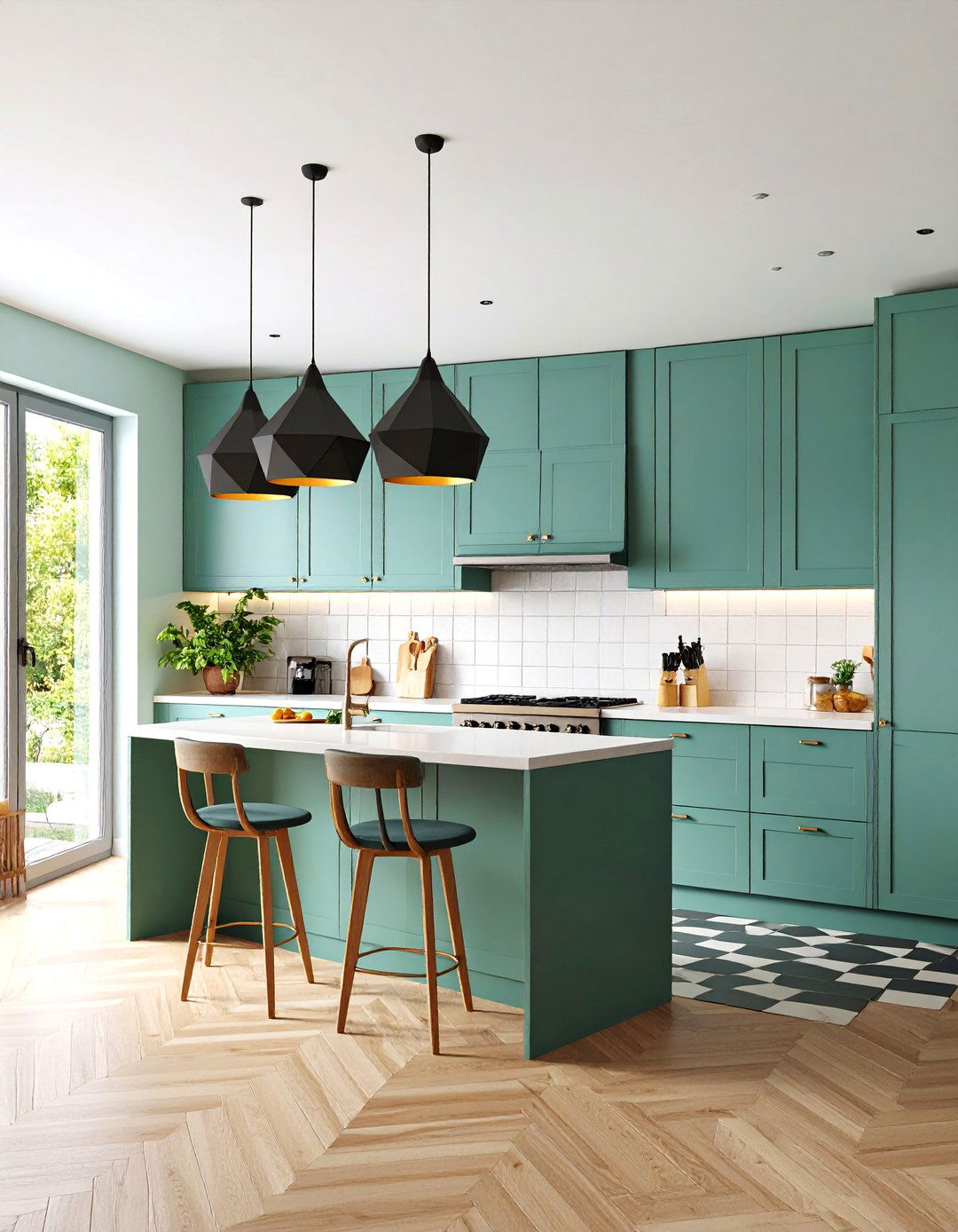 Mid Century Modern Kitchen with Sage Green Cabinets and Black Fixtures - 25 Sage Green and Black Kitchen Ideas