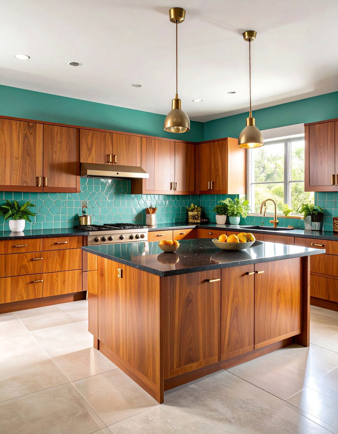 Mid Century Modern Kitchen with Teak Brown Cabinets - 25 kitchen with brown cabinets and black countertops ideas
