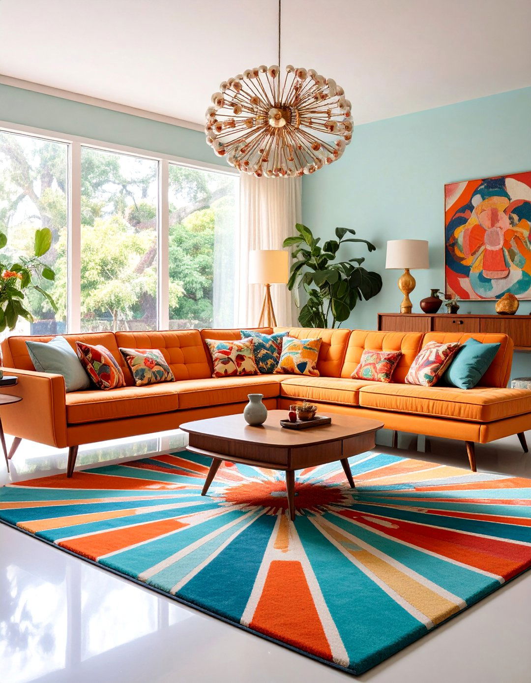 Mid Century Modern Living Room with Atomic Pattern Rug - 25 Living Room Rug Ideas