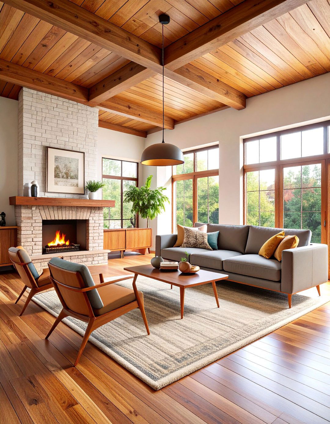 Mid Century Modern Living Room with Cedar Beam Accents - 25 Exposed Beam Living Room Ideas