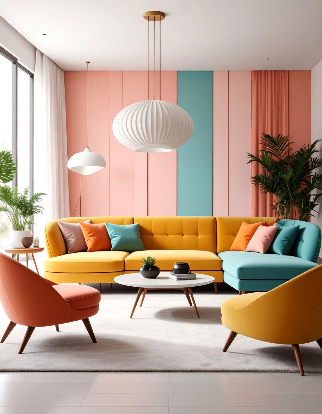 Mid Century Modern Living Room with Curved Furniture - 25 Aesthetic Living Room Ideas