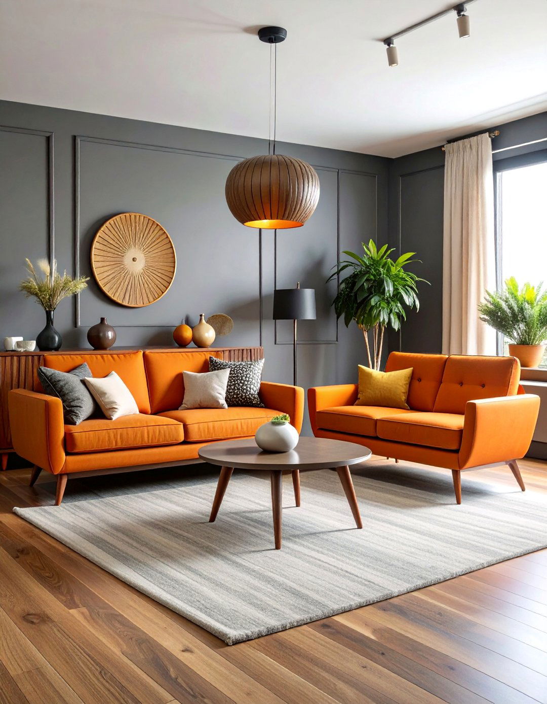 Mid Century Modern Living Room with Grey Walls and Black Trim - 25 Living Room With Grey Walls and Black Trim
