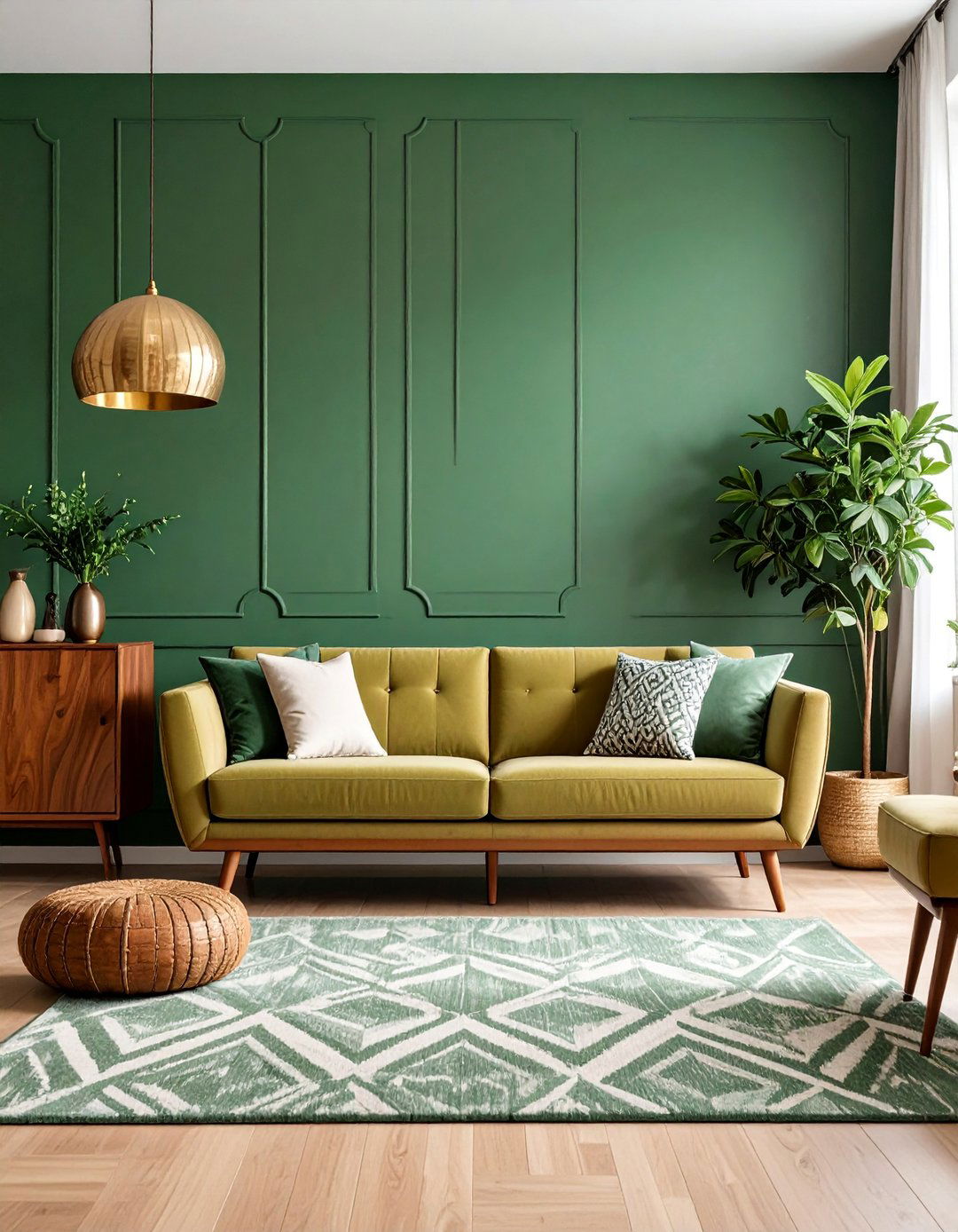 Mid Century Modern Living Room with Olive Green Feature Wall - 25 Olive Green Accent Wall Ideas