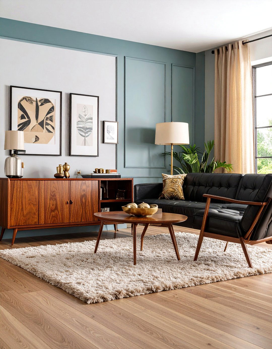 Mid Century Modern Living Room with Walnut Credenza - 25 Black and Brown Interior Design Ideas