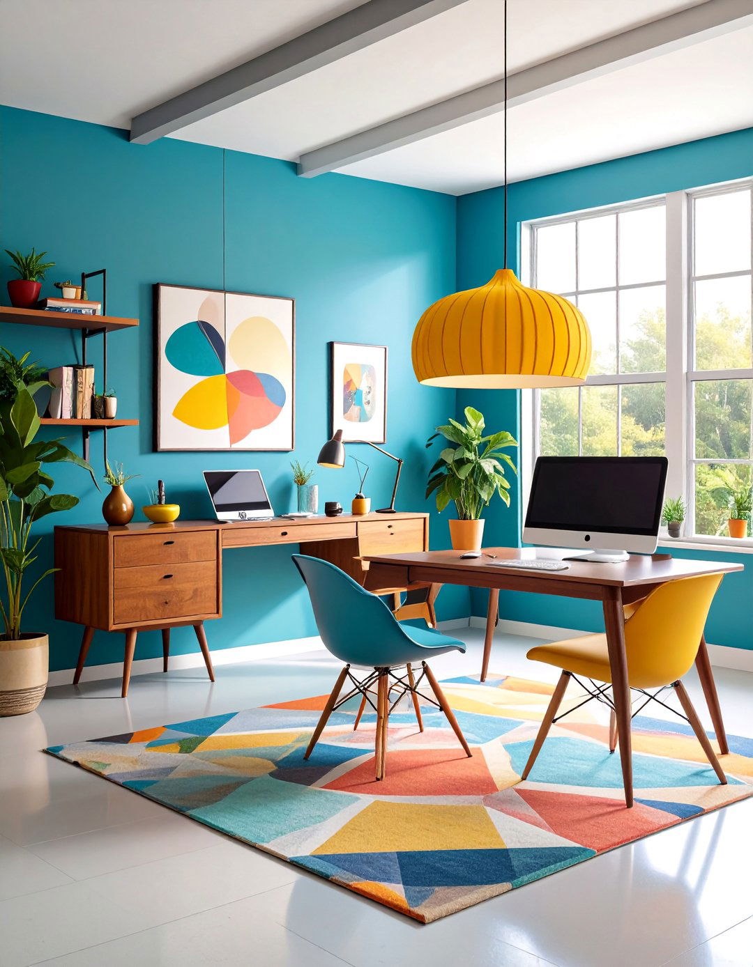 Mid Century Modern Office with Suspended Fireplace - 25 Home Office With Fireplace Ideas
