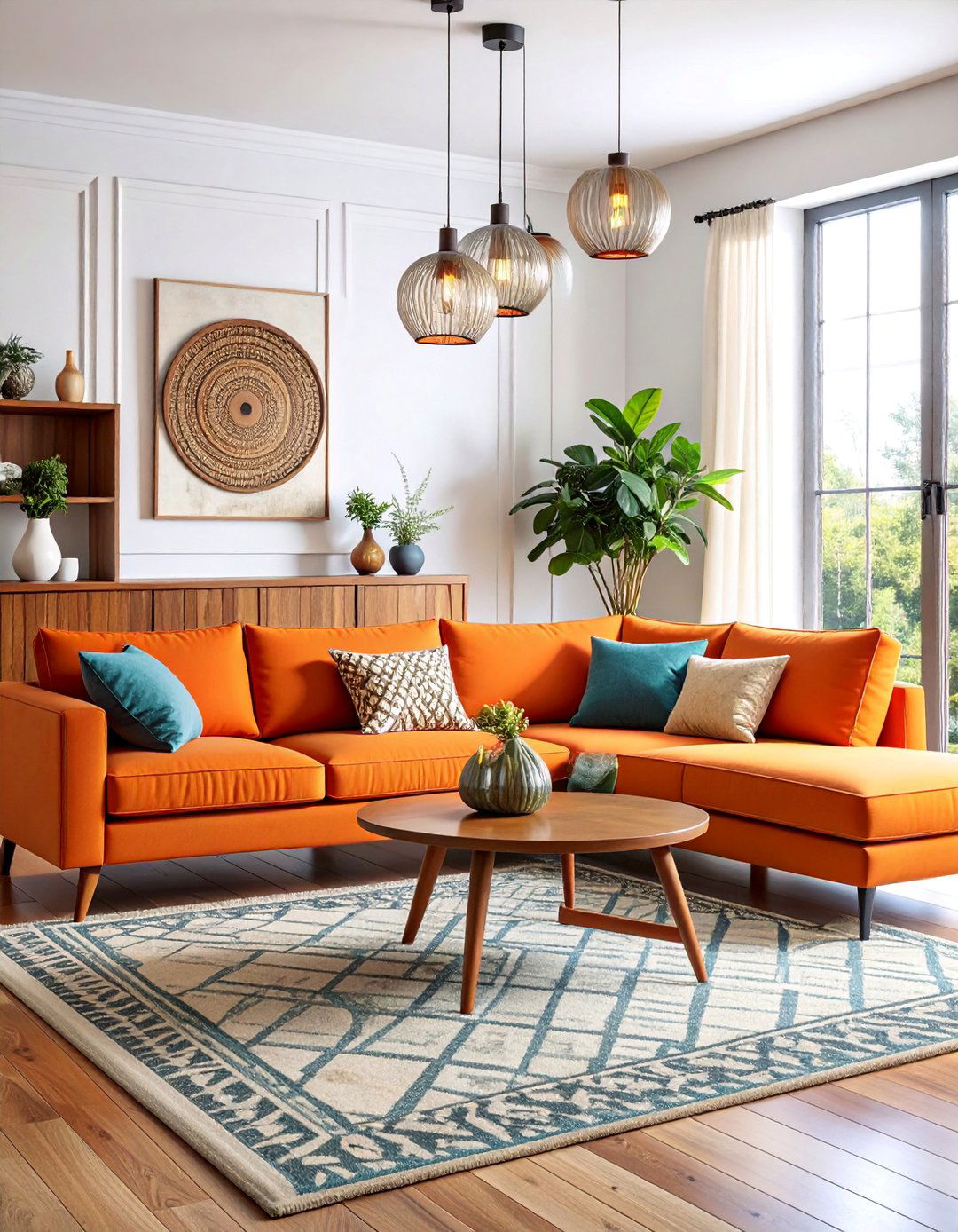 Mid Century Modern Orange Couch Living Room with Retro Flair - 25 Orange Couch Living Room Ideas