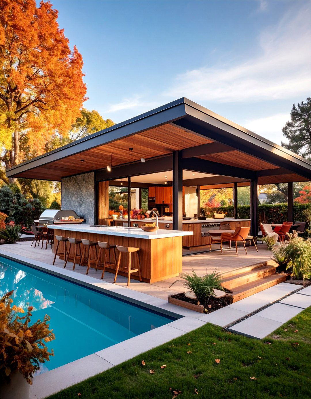 Mid Century Modern Pavilion with Geometric Lines - 25 Outdoor Kitchen with a Gazebo Ideas