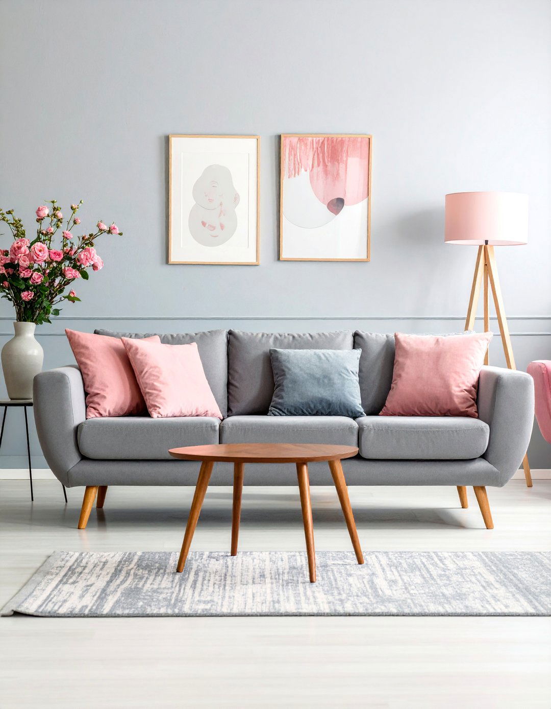 Mid Century Modern Pink and Grey Living Room - 25 Pink and Grey Living Room Ideas