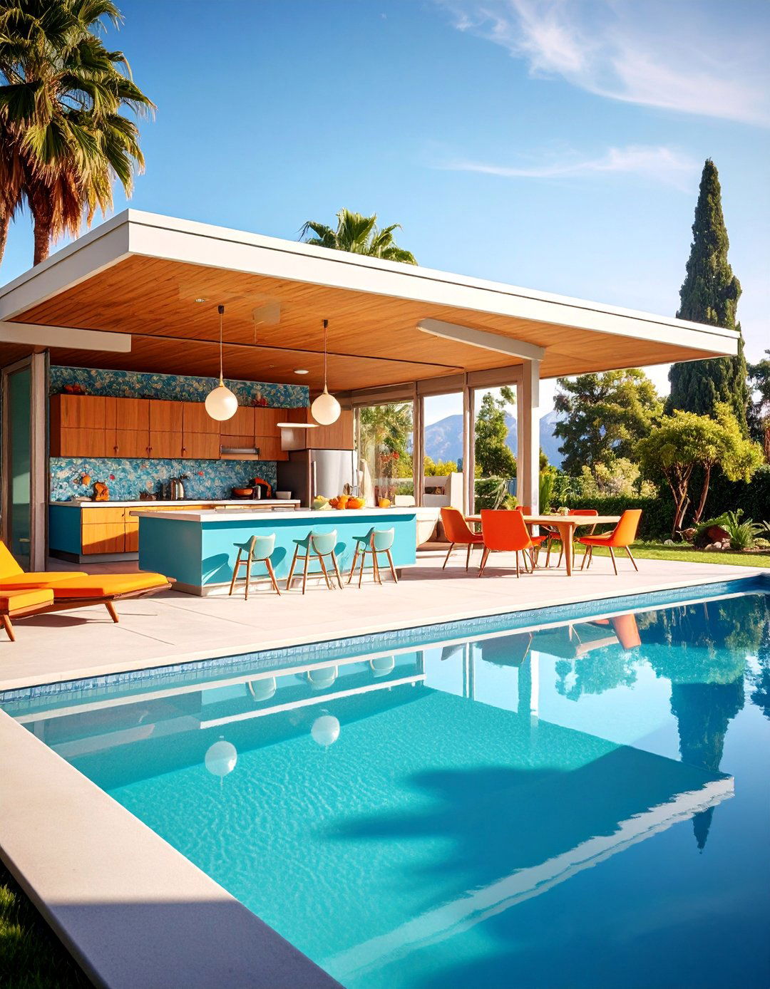 Mid Century Modern Pool House with Retro Kitchen Style - 25 Pool House With Outdoor Kitchen Ideas