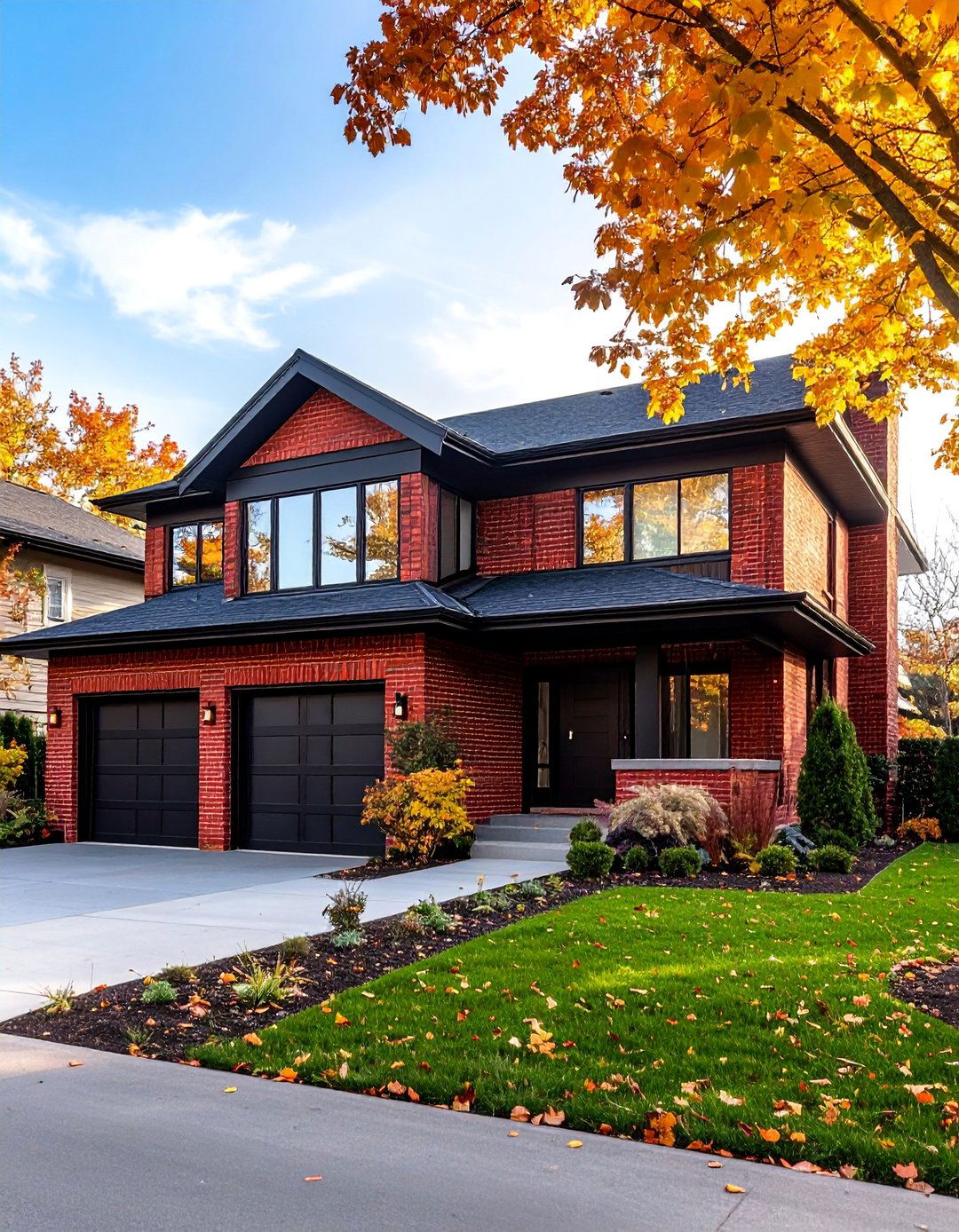 Mid Century Modern Red Brick House with Black Horizontal Elements - 25 Red Brick House with Black Trim Design Ideas