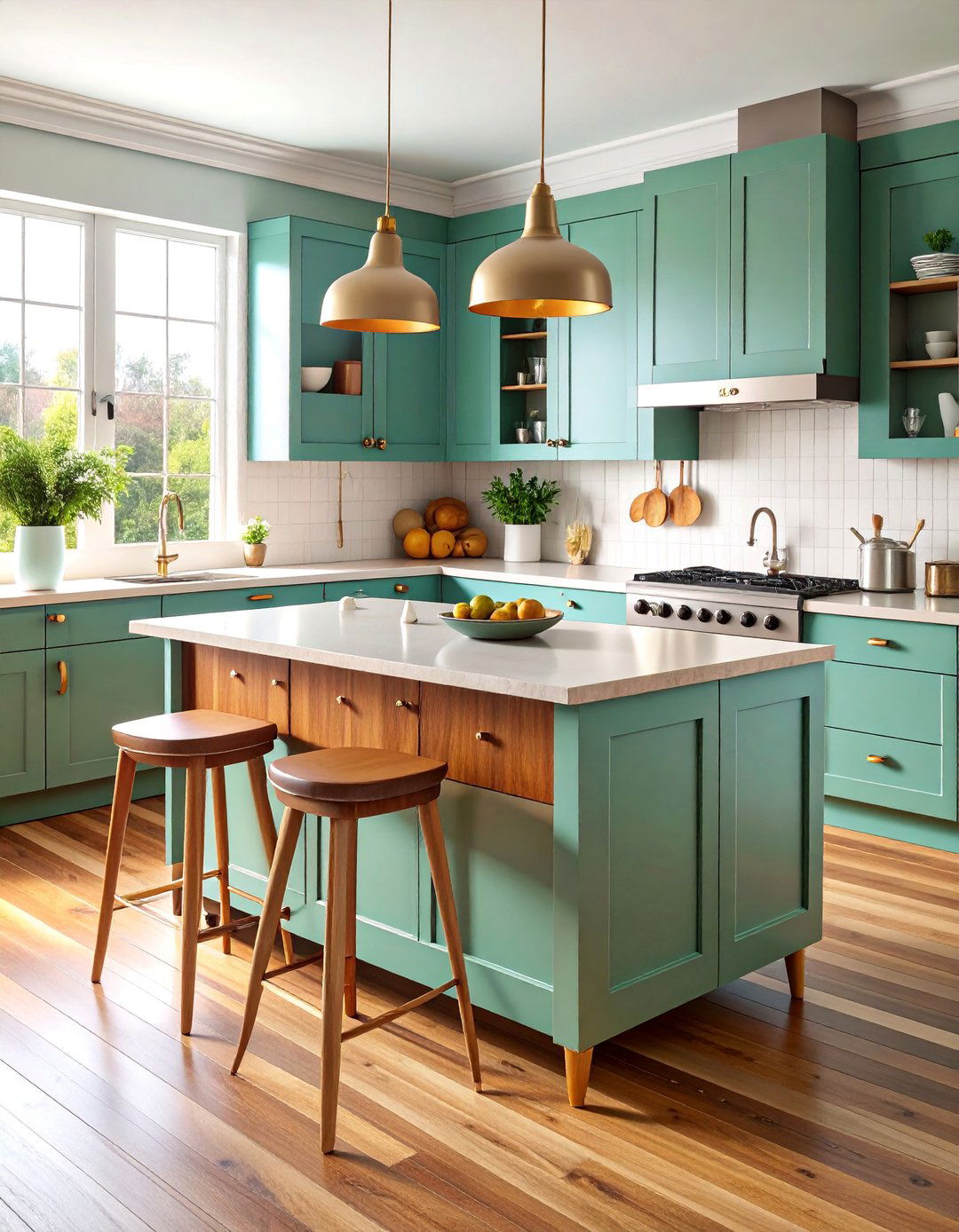 Mid Century Modern Sage Green Island with Walnut Accents - 25 Sage Green Kitchen Island Ideas