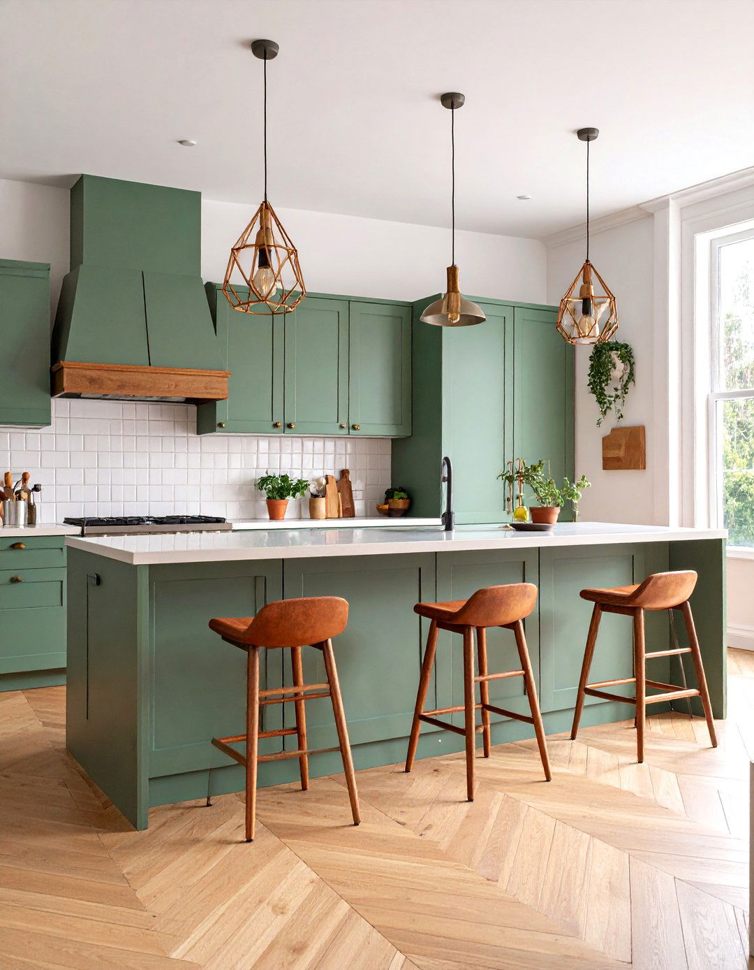 Mid Century Modern Sage Green Kitchen with Teak Butcher Block - 25 Sage Green Kitchen Cabinets With Butcher Block Countertops