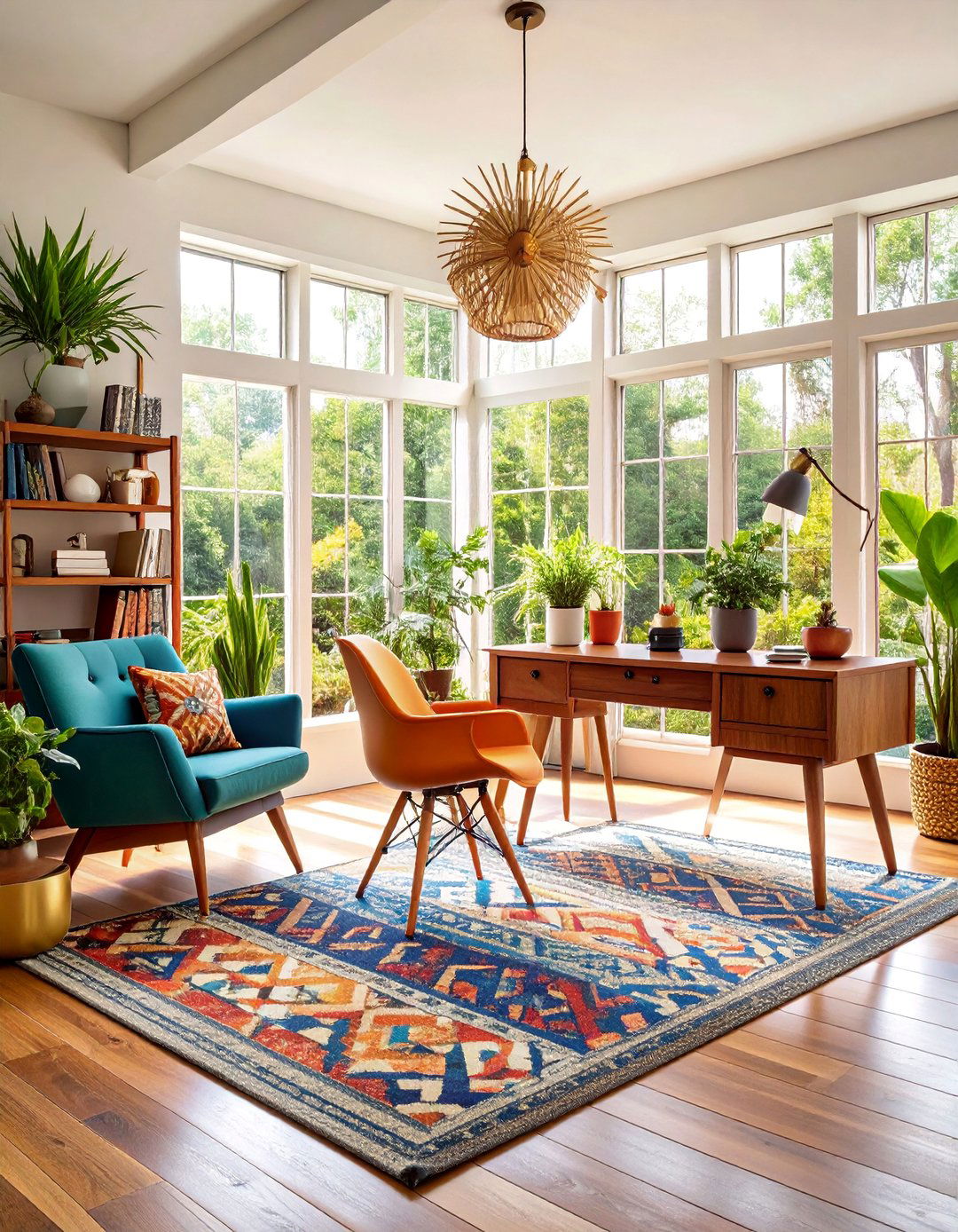 Mid Century Modern Sunroom Office with Vintage Furniture - 25 Sunroom Office Ideas