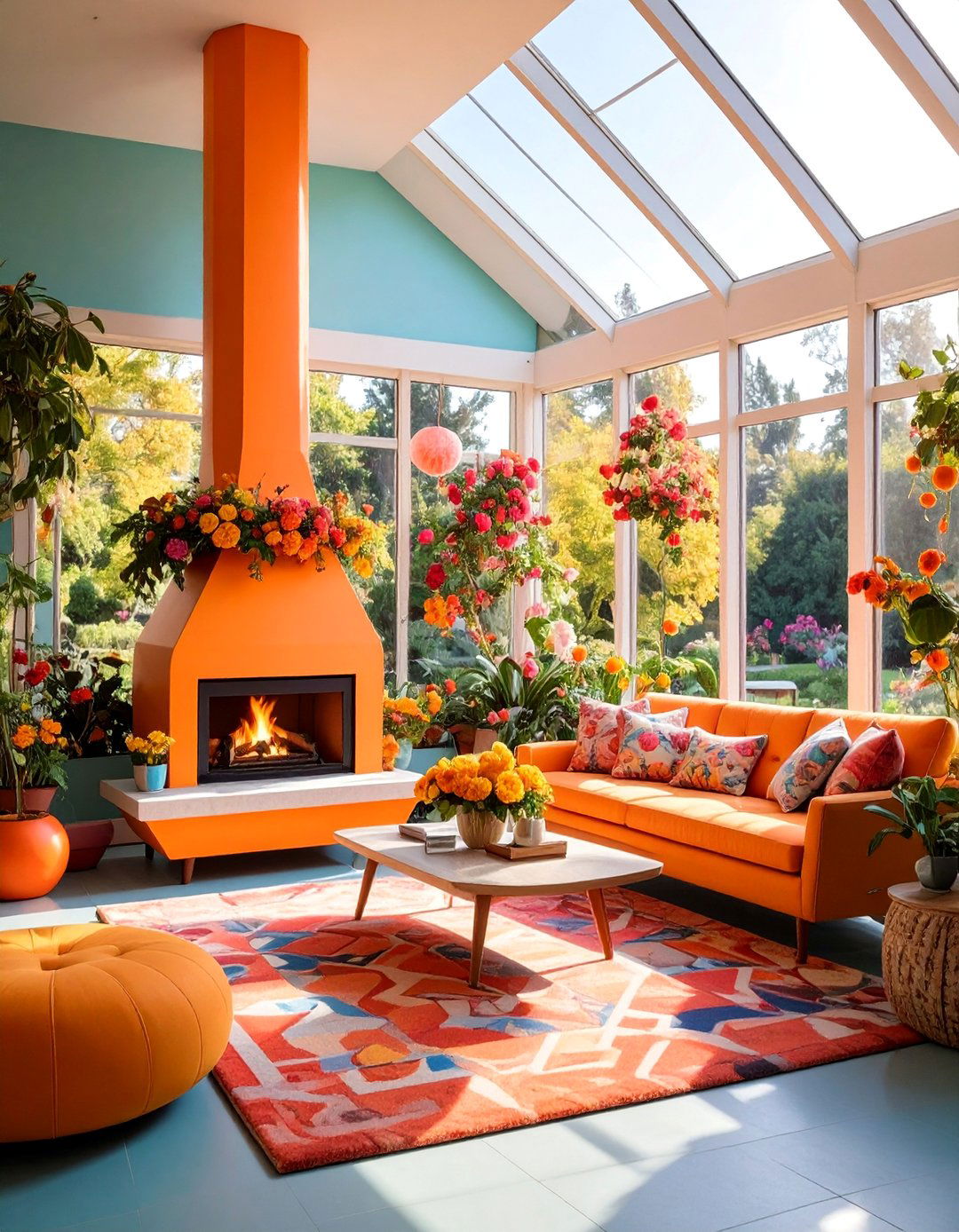 Mid Century Modern Suspended Fireplace with Retro Furnishings - 25 Sunroom With Fireplace Ideas