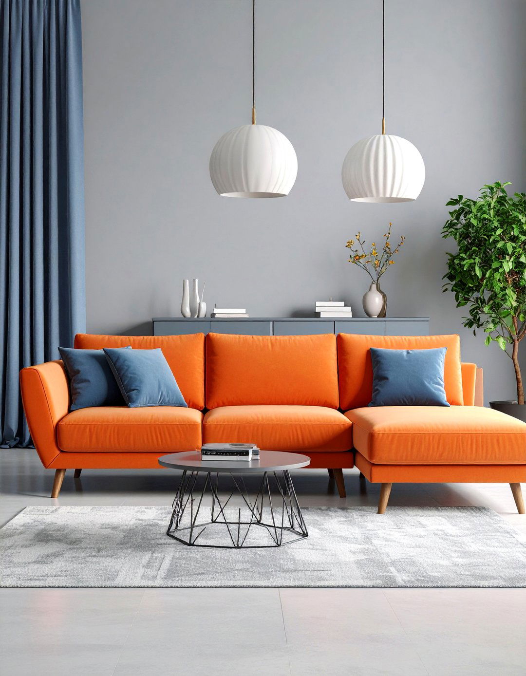 Mid Century Modern Tangerine and Pewter Grey Lounge - 25 Orange and Grey Living Room Ideas