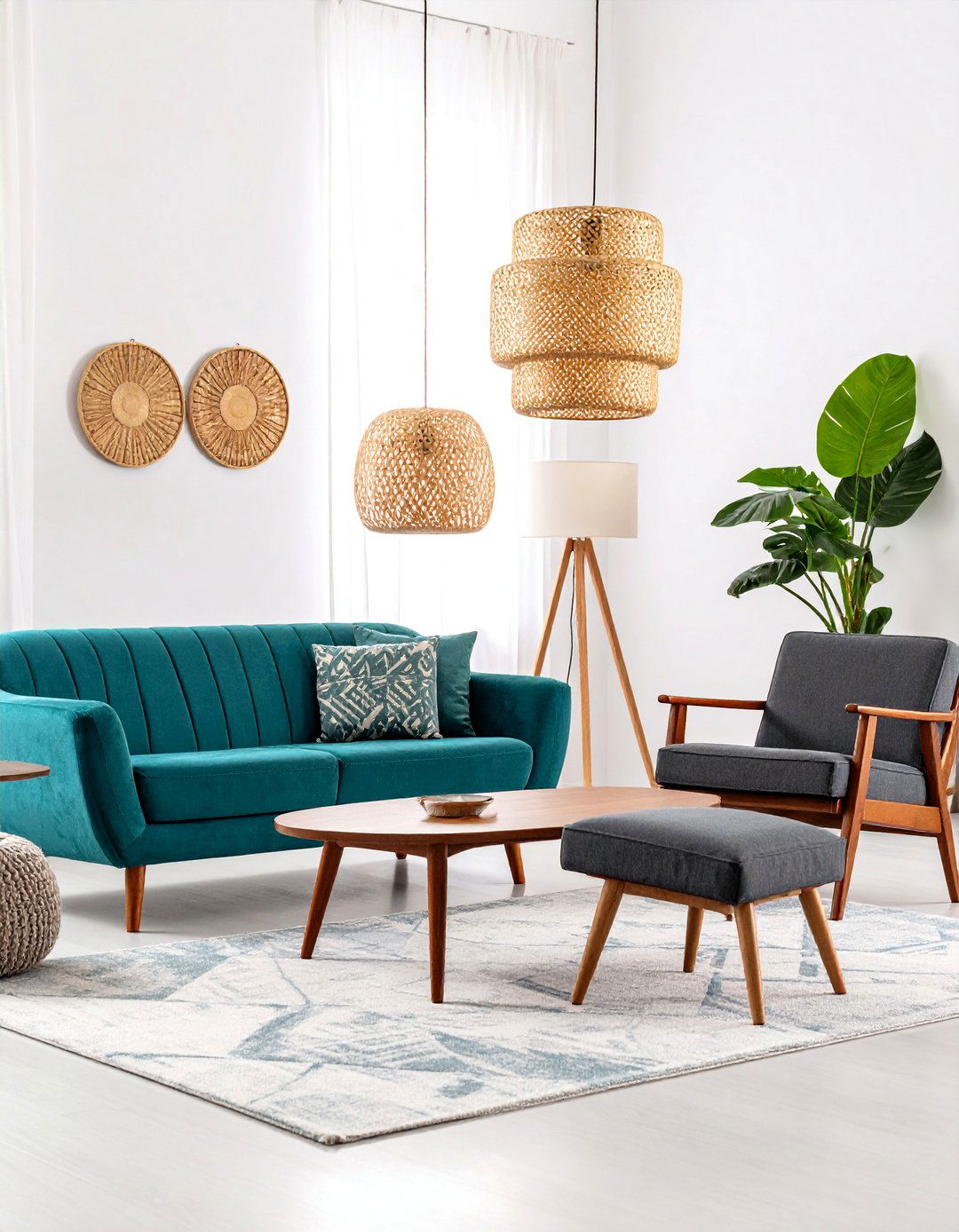 Mid Century Modern Teal and Charcoal - 25 Teal and Grey Living Room Ideas