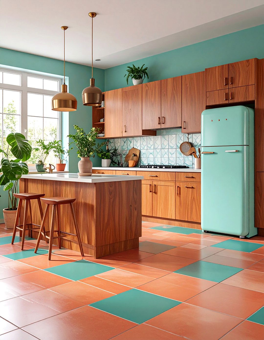 Mid Century Modern Terracotta Kitchen Floor with Geometric Insets - 25 Terracotta Kitchen Floor Ideas