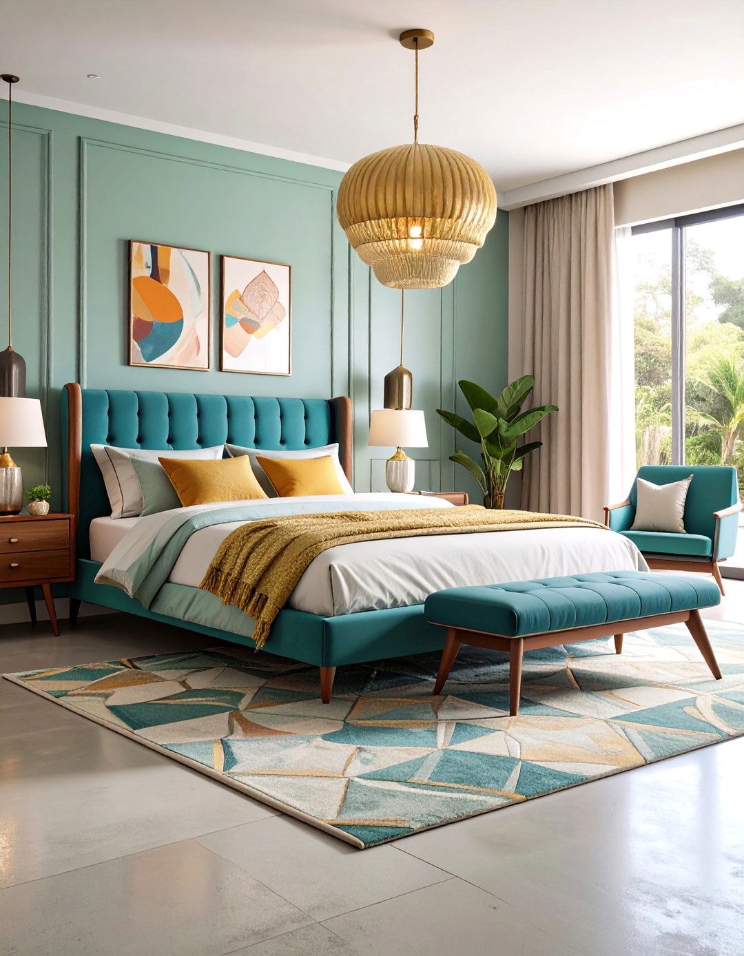 Mid Century Modern with Geometric Inlays - 25 Concrete Floor Bedroom Ideas