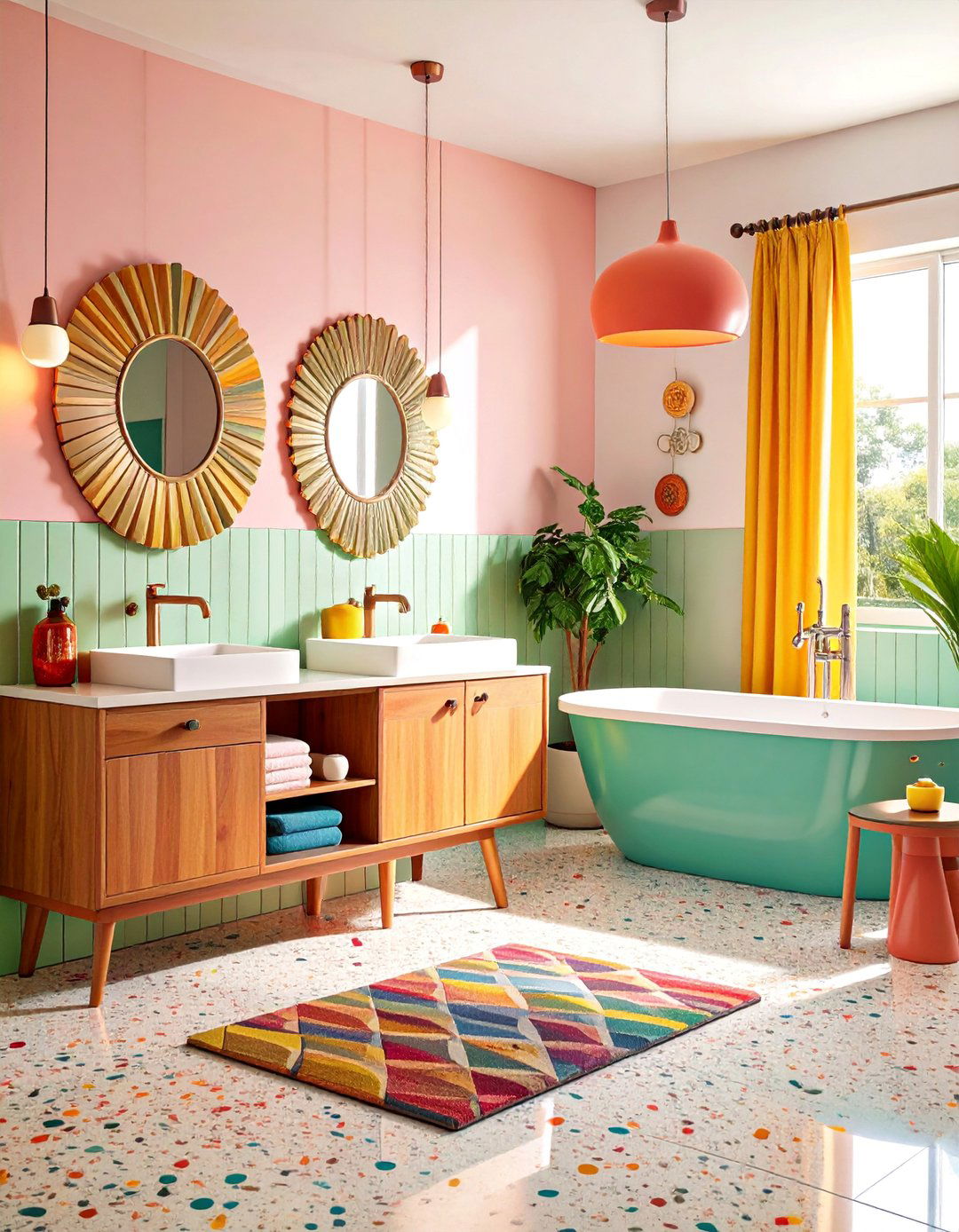 Mid Century Modern with Geometric Tiles and Warm Woods - 25 Primary Bathroom Ideas
