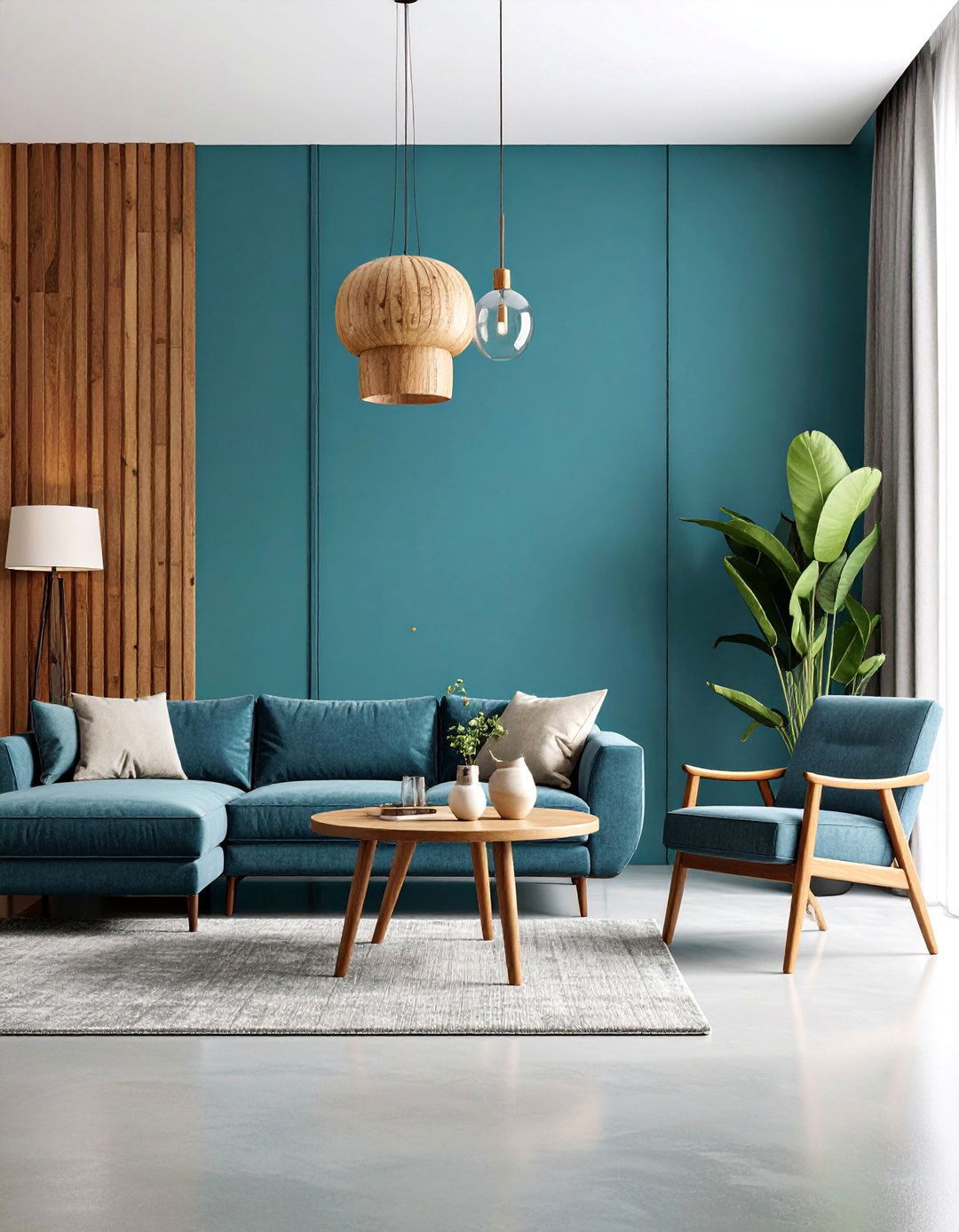 Mid Century Modern with Teal Blue Feature Wall - 25 grey floor living room with blue walls ideas