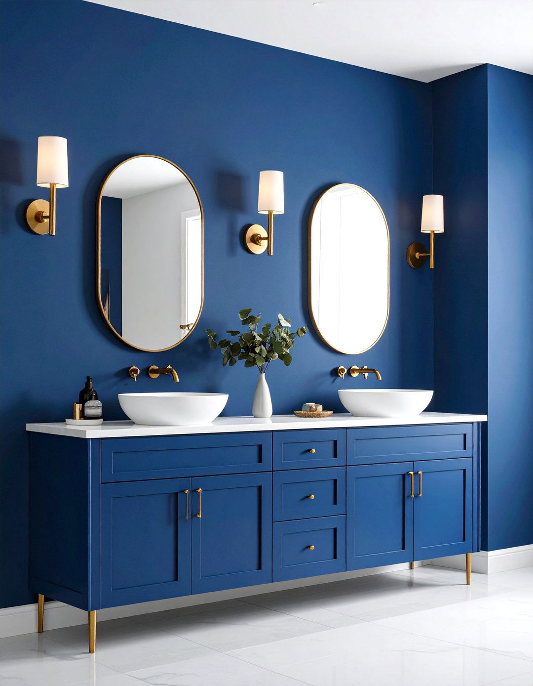 Midnight Blue Accent Wall with Gold Sconces - 25 Blue and Gold Bathroom Ideas