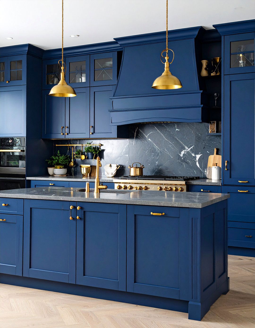 Midnight Blue Cabinets with Gold Accents - 25 blue farmhouse kitchen cabinets