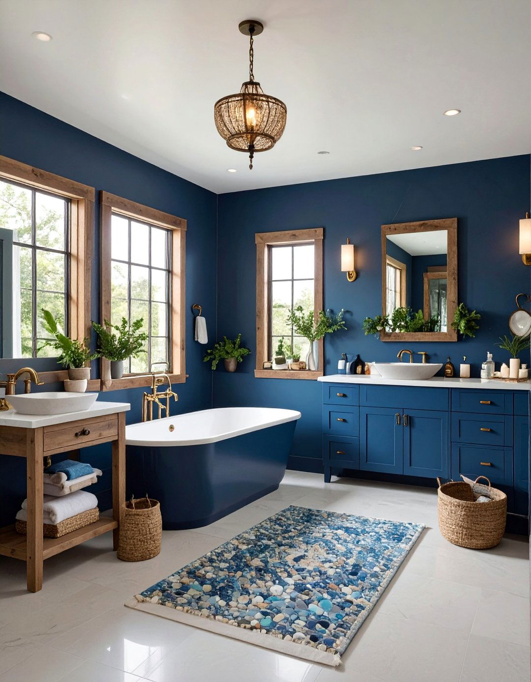 Midnight Blue Coastal Bathroom with Natural Elements - 25 Dark Bathroom Ideas