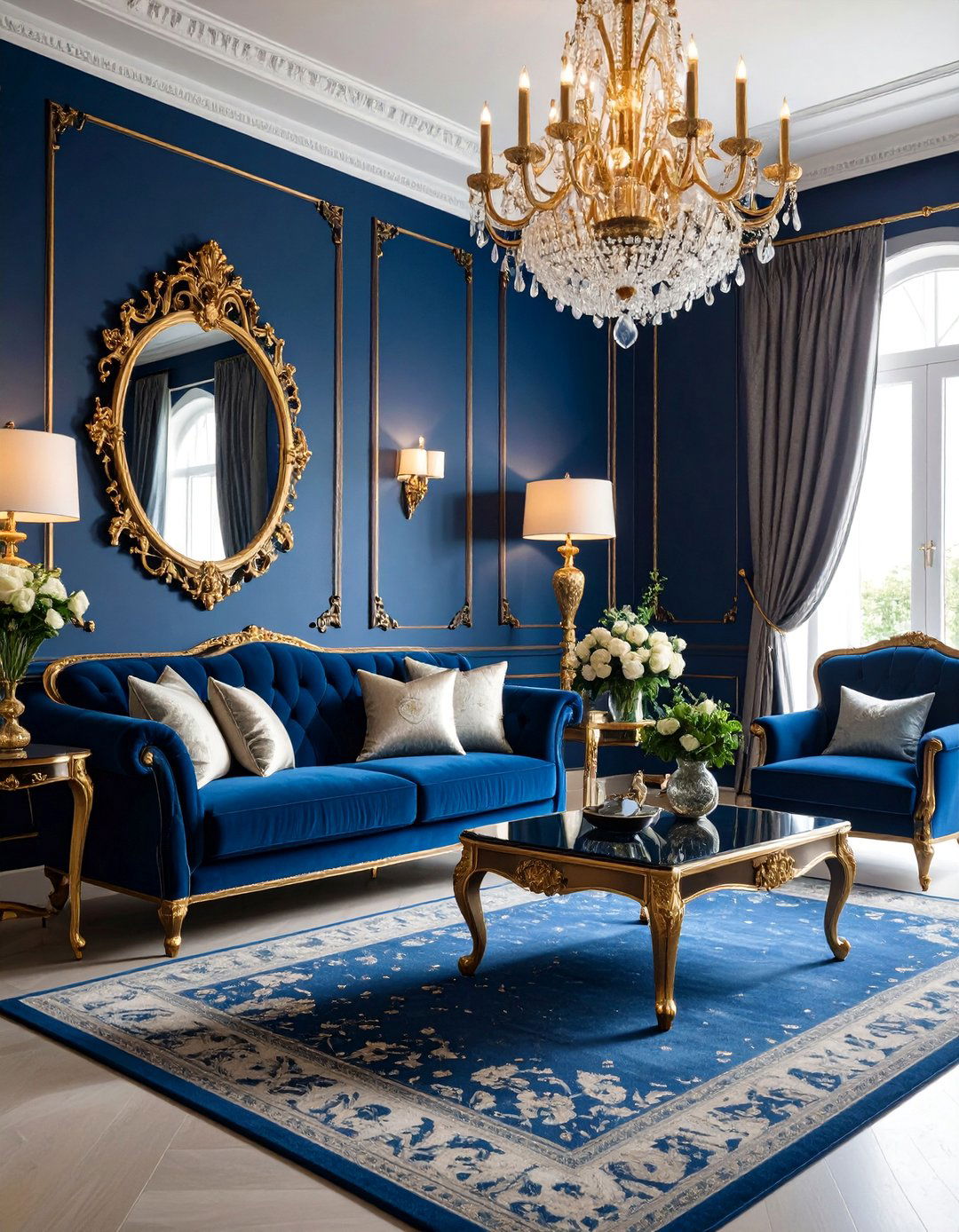 Midnight Blue Dramatic Living Room with Luxurious Textures - 25 Blue Living Room Ideas