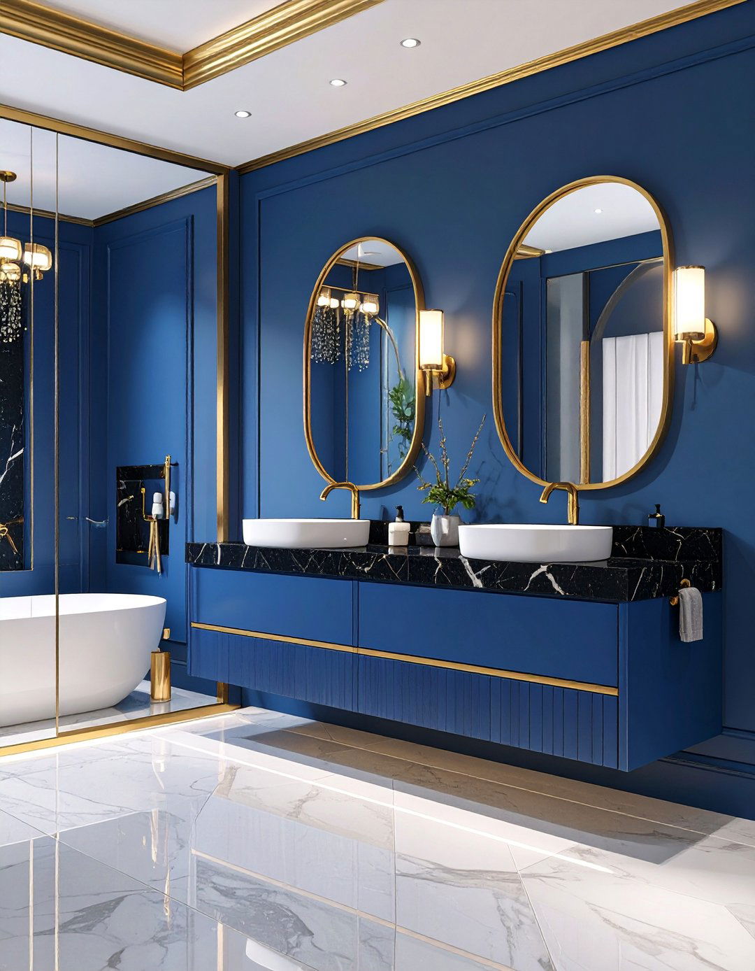 Midnight Blue Dramatic Powder Room with Metallic Accents - 25 blue powder room ideas