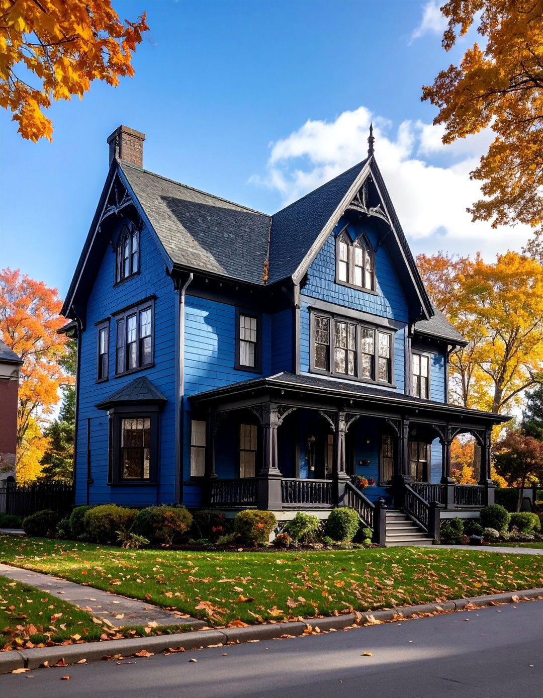 Midnight Blue Gothic Revival with Black Details - 25 Blue House With Black Trim Ideas