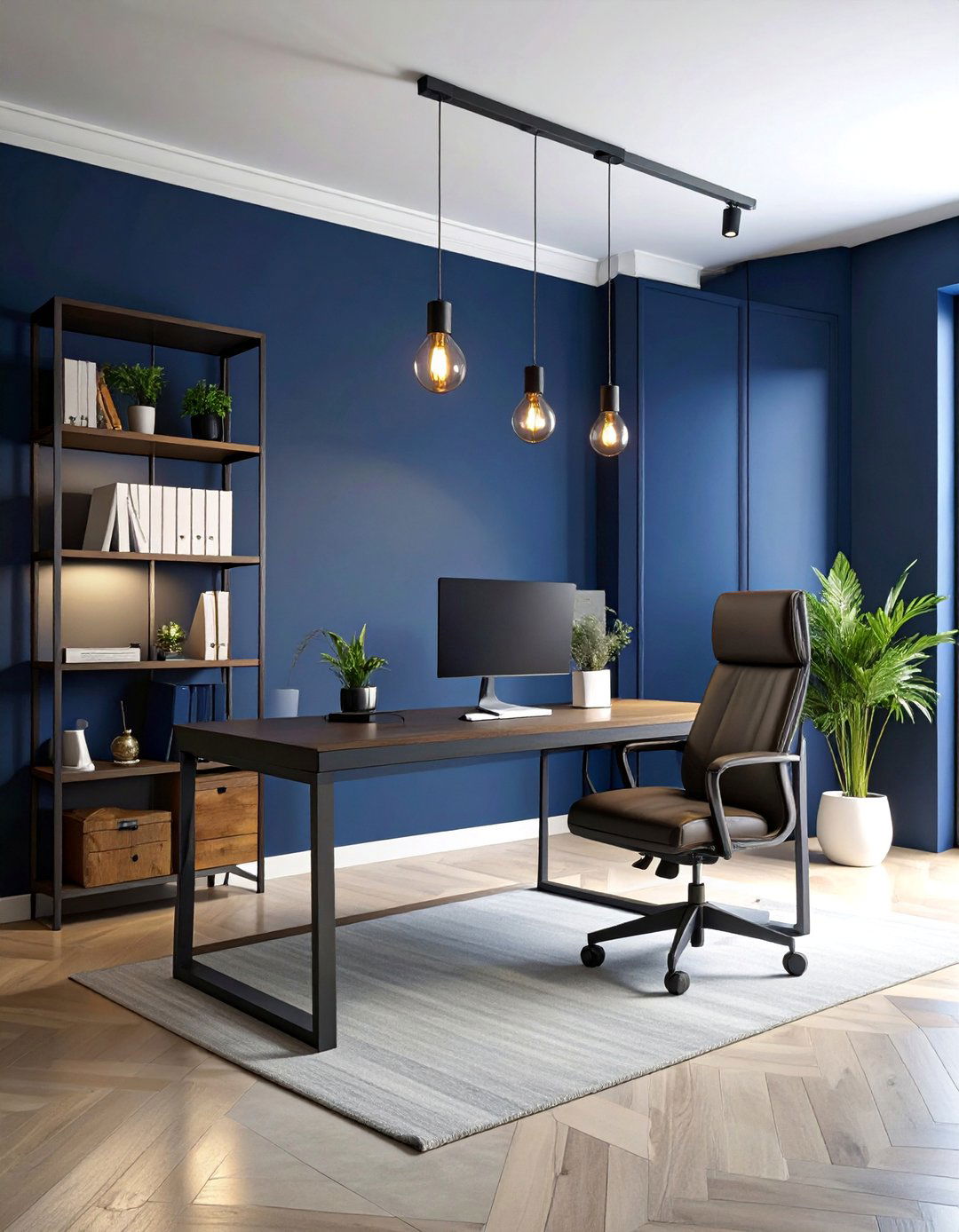 Midnight Blue Home Office with Industrial Elements - 25 Blue Accent Wall Ideas