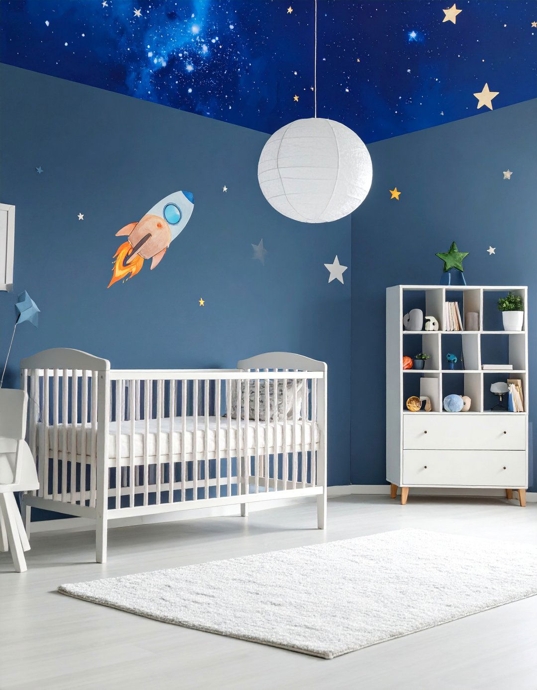 Midnight Blue Space Themed Nursery with Planet Decor - 25 Blue Nursery Ideas