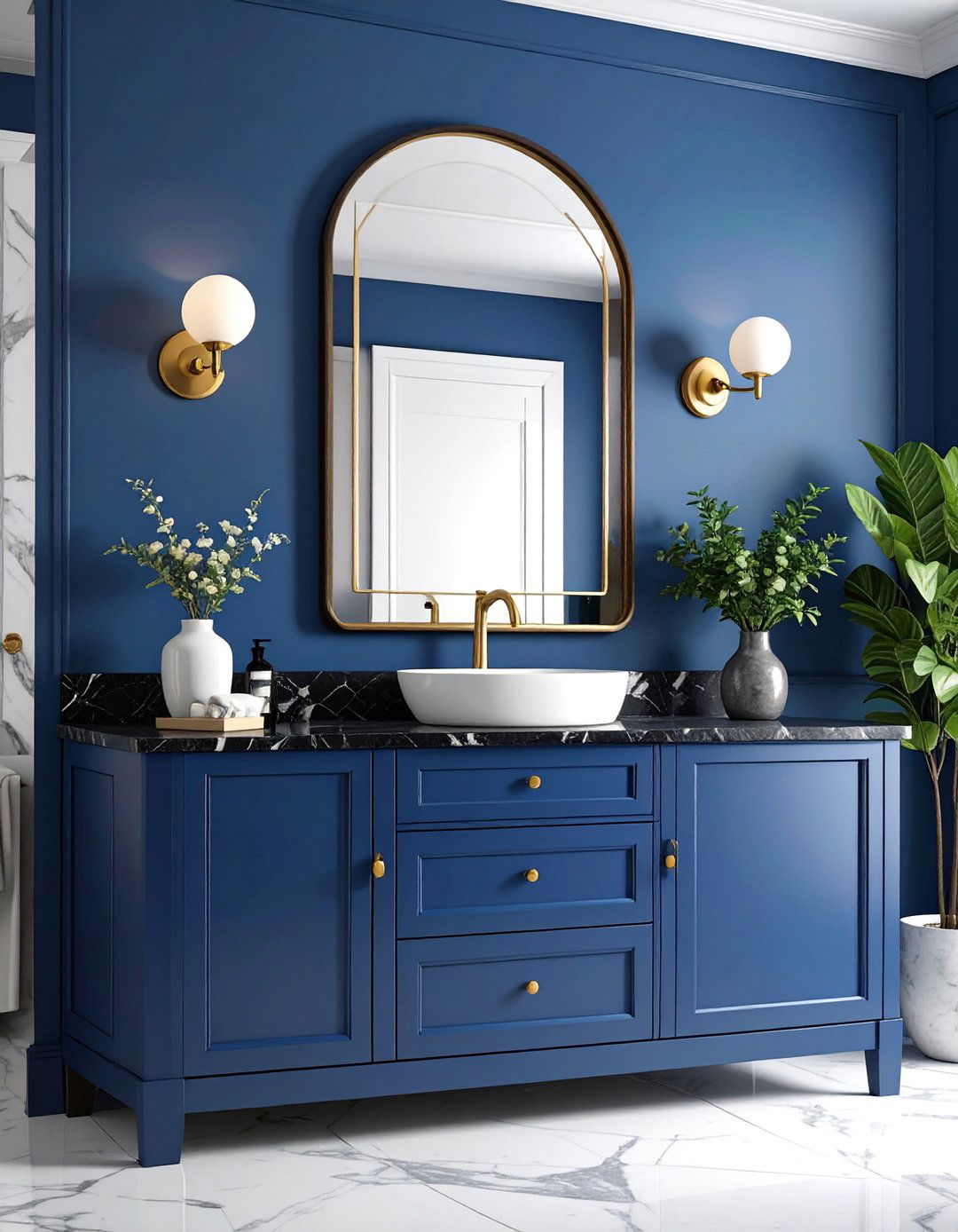 Midnight Blue Vanity with Black Marble - 25 black and blue bathroom ideas