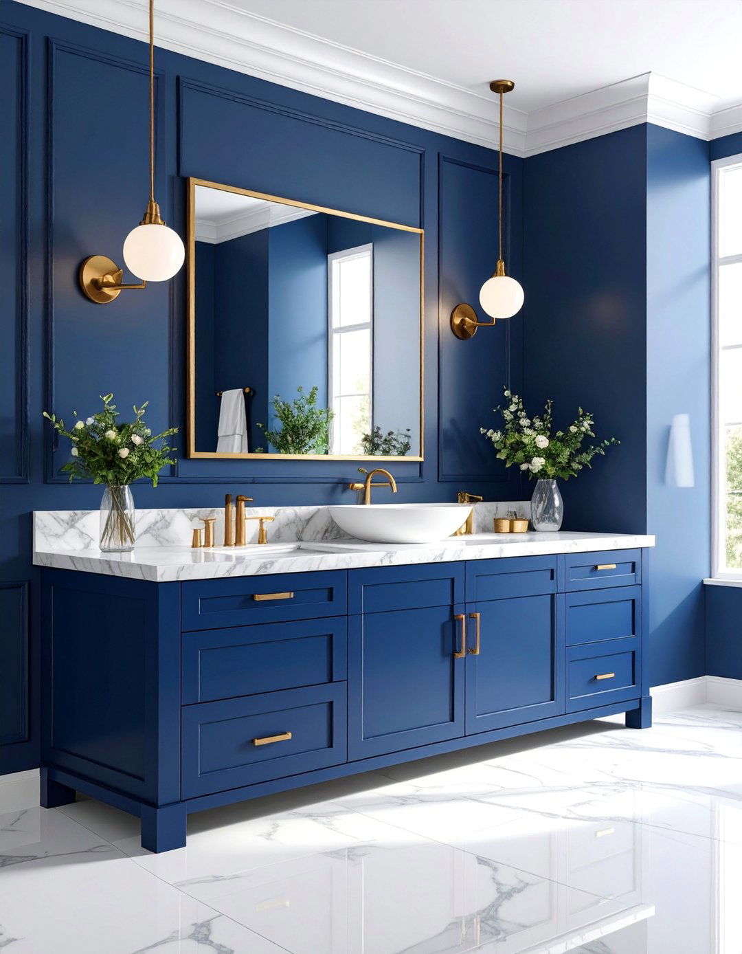 Midnight Blue Vanity with Marble Waterfall Edge - 25 Blue Bathroom Vanity Ideas