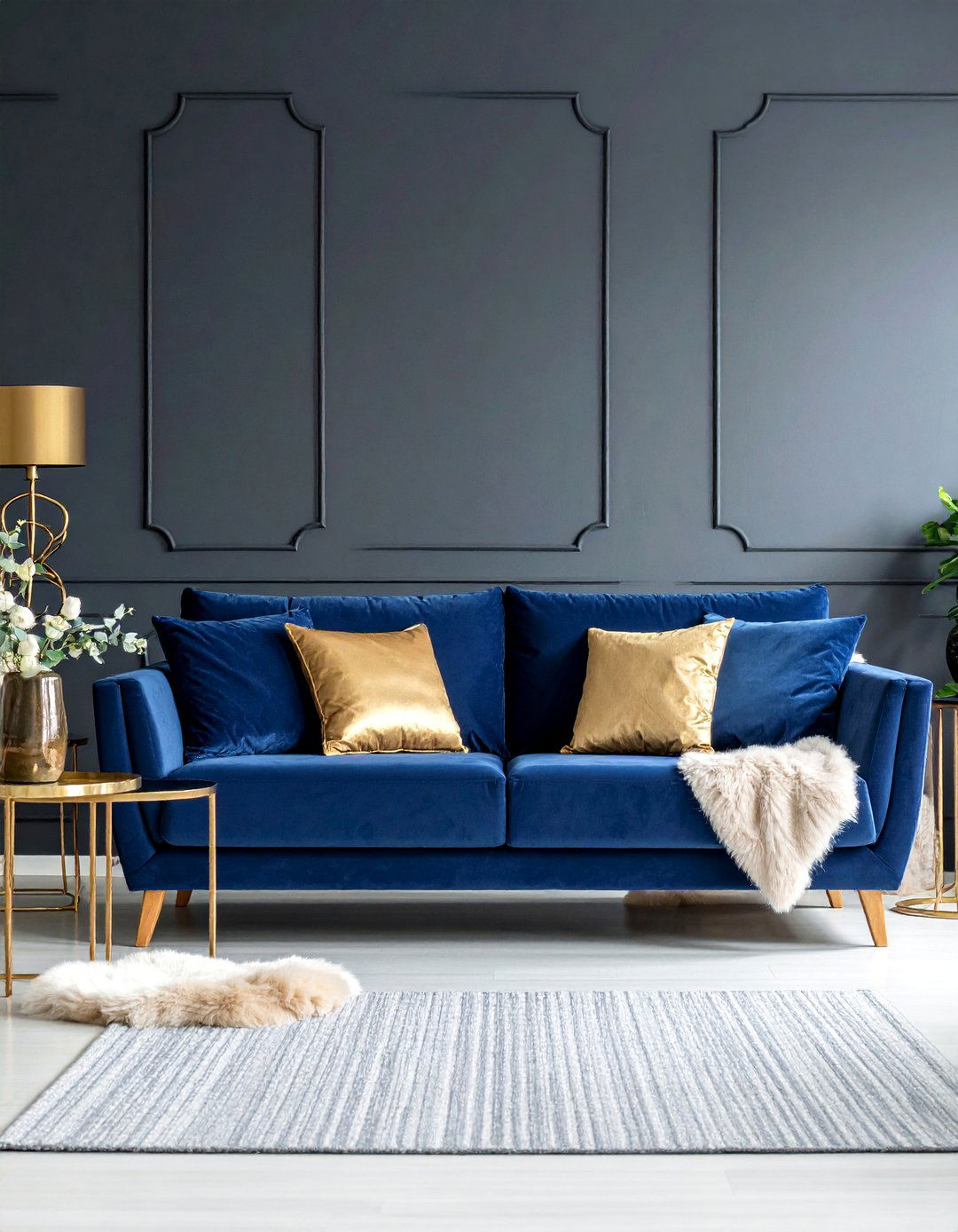 Midnight Blue Velvet Sofa with Dramatic Dark Walls - 25 Blue Couch Living Room Ideas