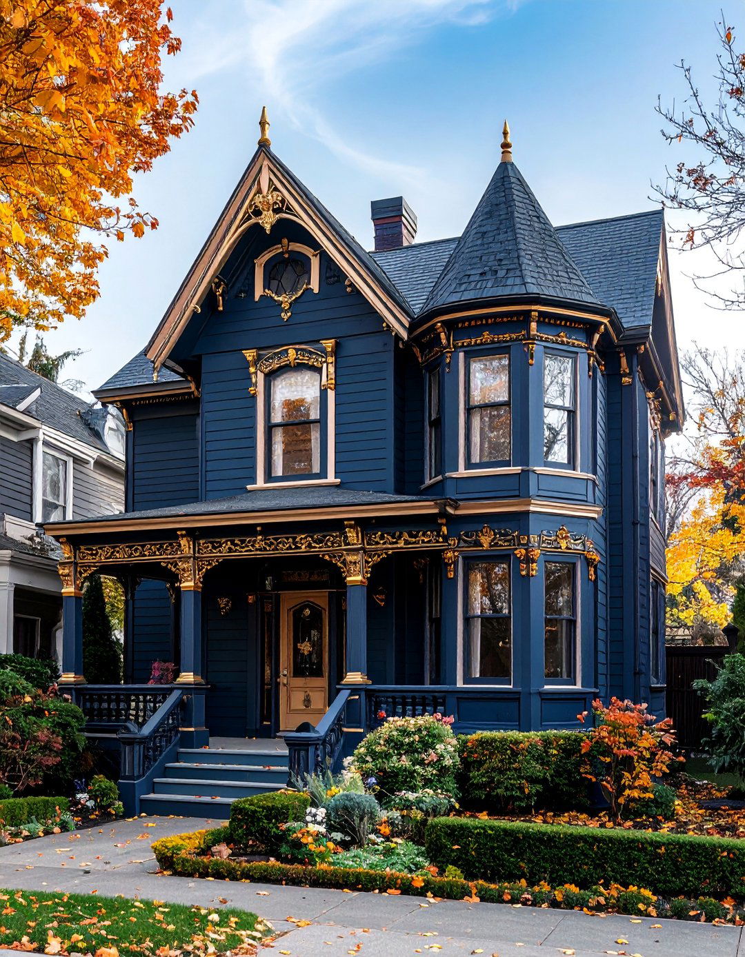 Midnight Blue Victorian with Burnished Gold Details - 25 blue victorian house colors