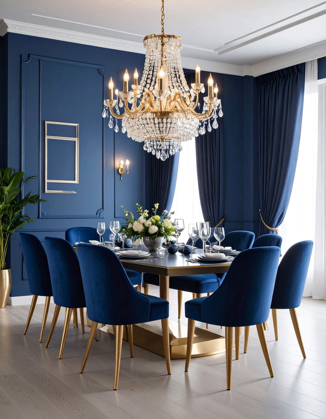 Midnight Blue with Crystal Details - 25 Moody Dining Room Ideas