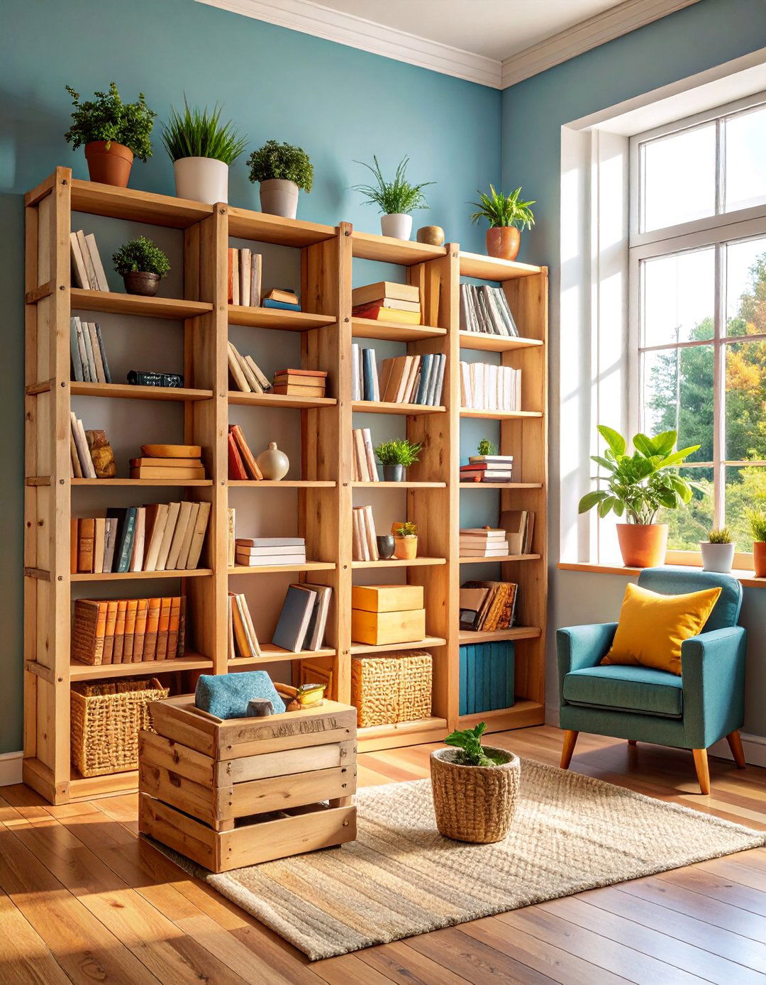 Milk Crate Bookshelf Library System - 25 Milk Crate Storage Ideas