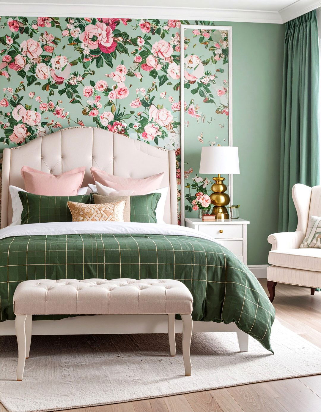 Millennial Pink and Hunter Green Preppy Bedroom - 25 Pink and Green Bedroom Ideas