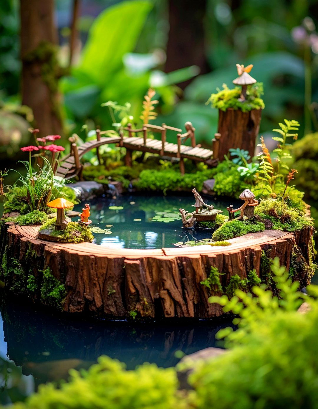Miniature Pond Tree Stump Oasis - 25 Tree Stump Fairy Garden Ideas