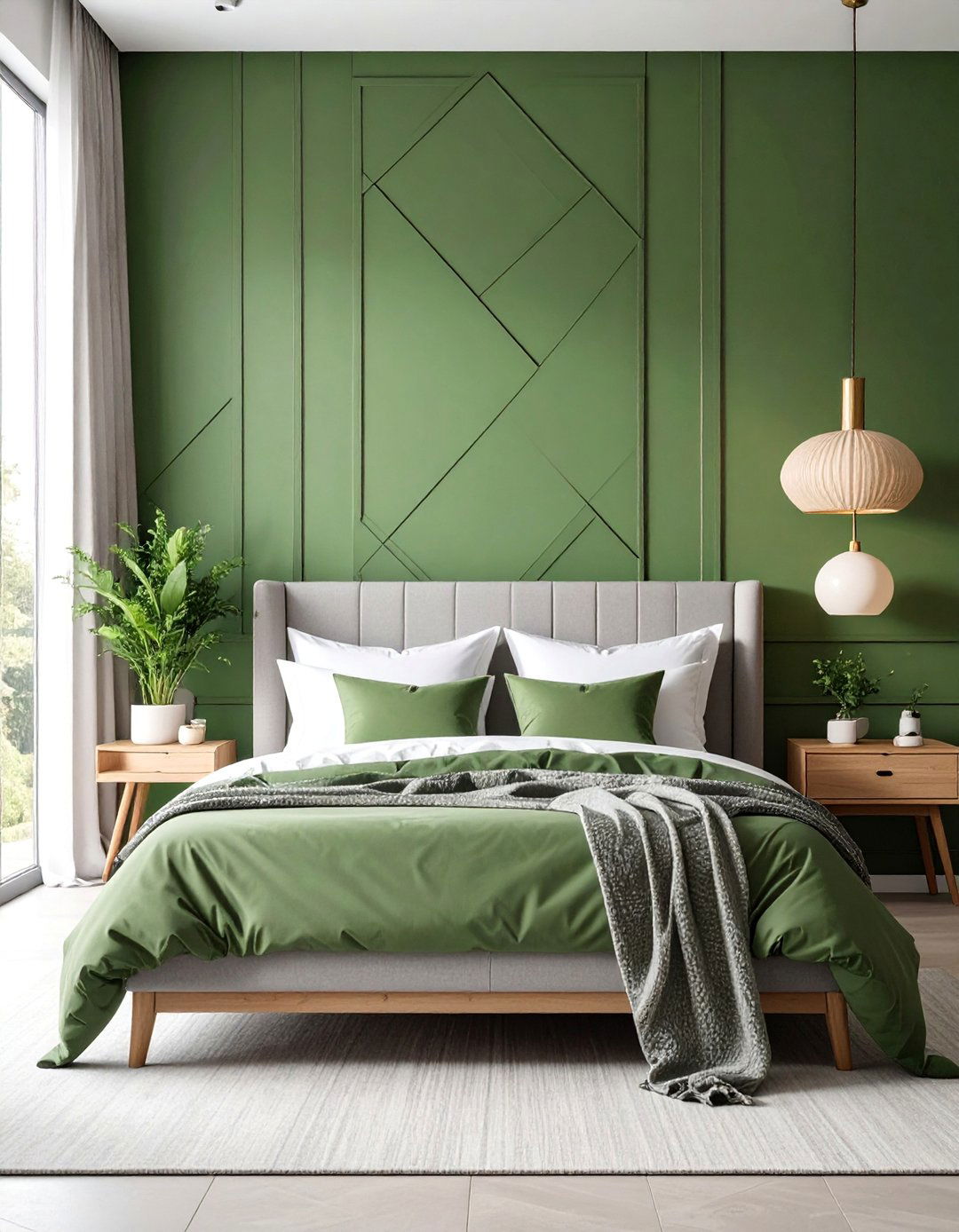 Minimalist Bedroom with Olive Green Geometric Wall - 25 Olive Green Accent Wall Ideas