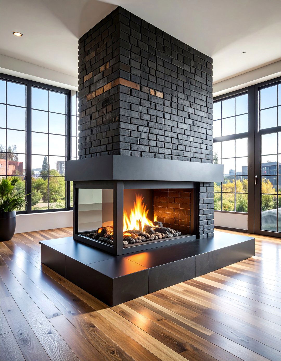 Minimalist Black Brick Fireplace with Steel Surround - 25 Black Brick Fireplace Ideas