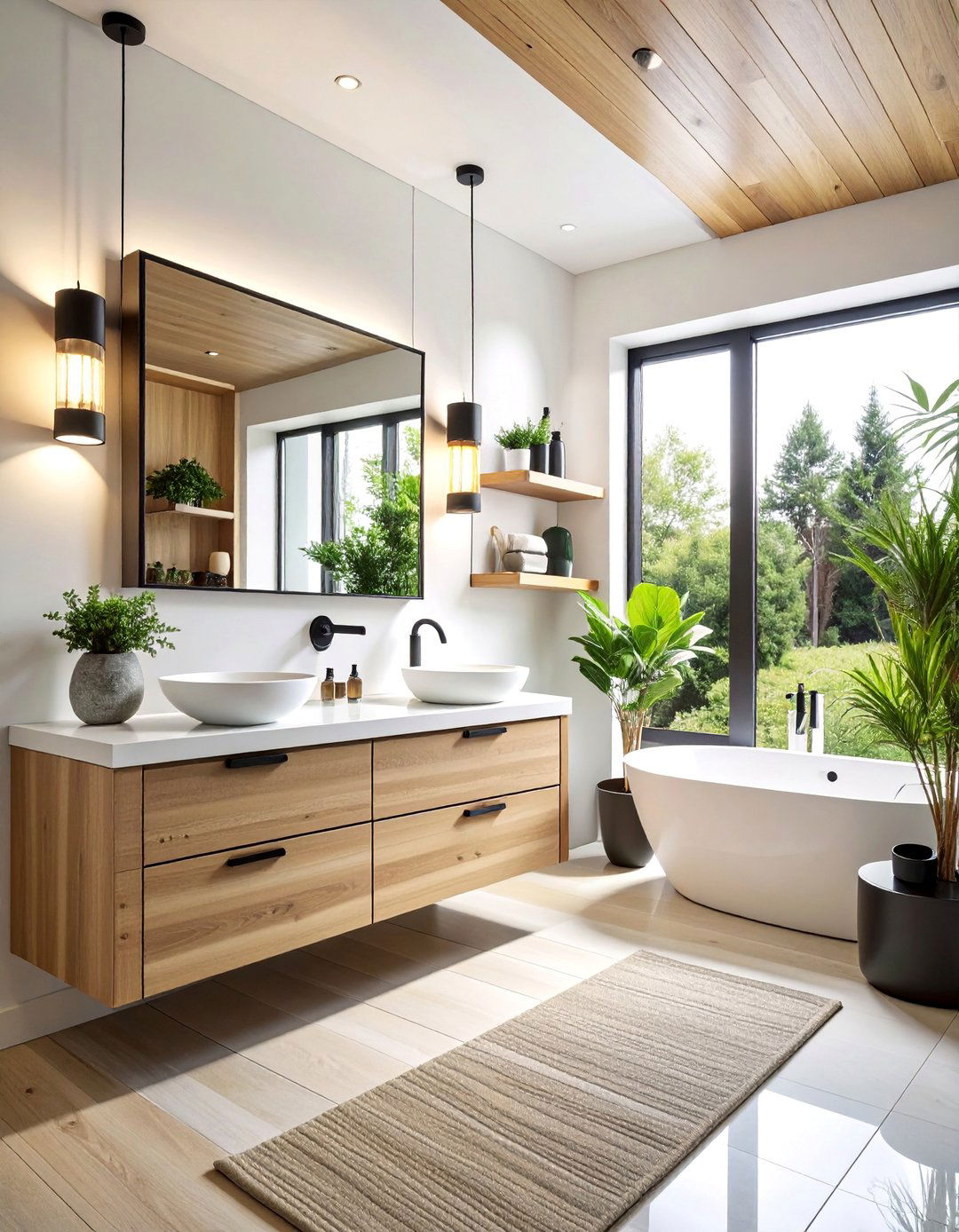 Minimalist Black Hardware with Light Wood Cabinetry - 25 Black and Wood Bathroom Ideas