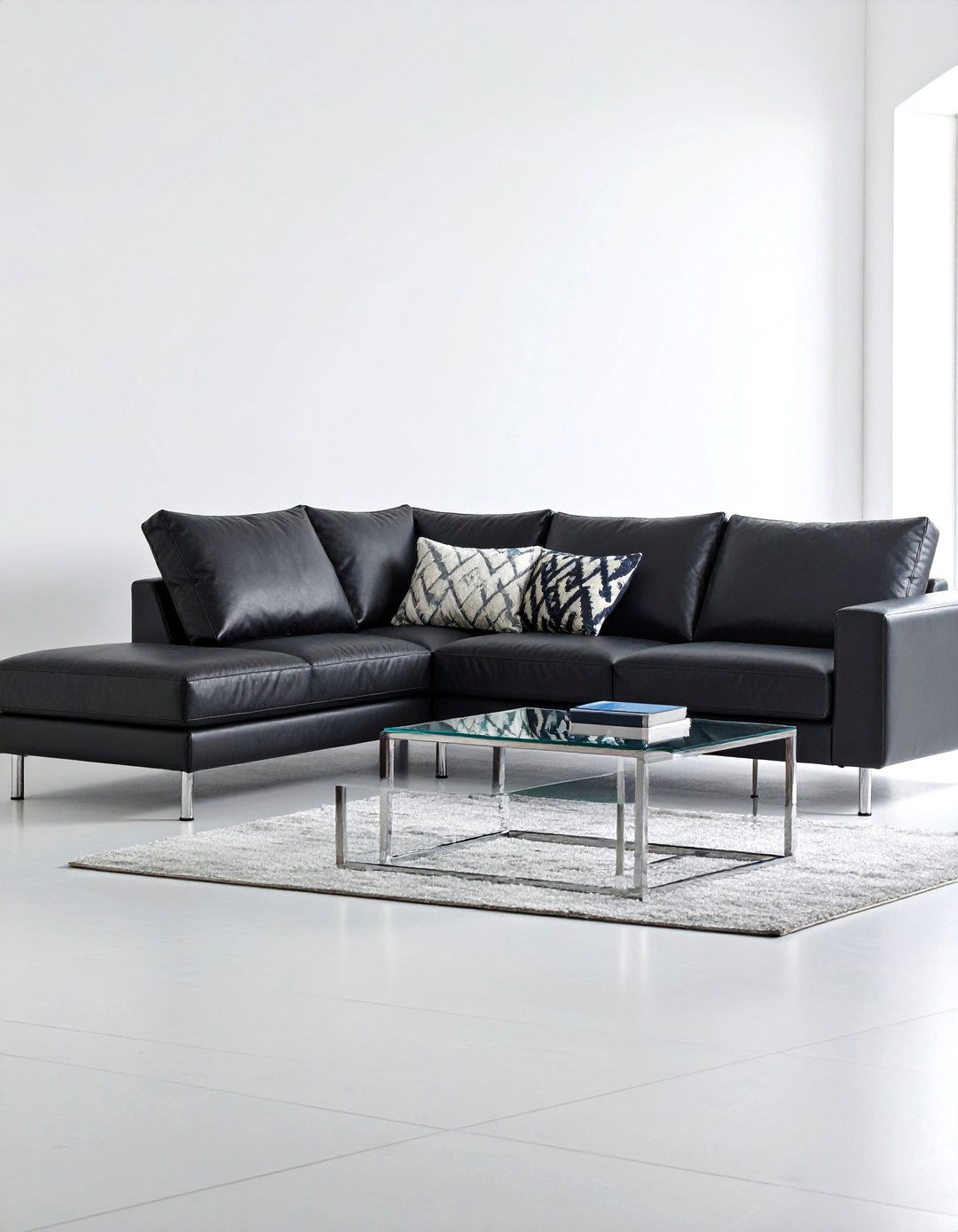 Minimalist Black Leather Sectional with White Walls - 25 Black Couch Living Room Ideas