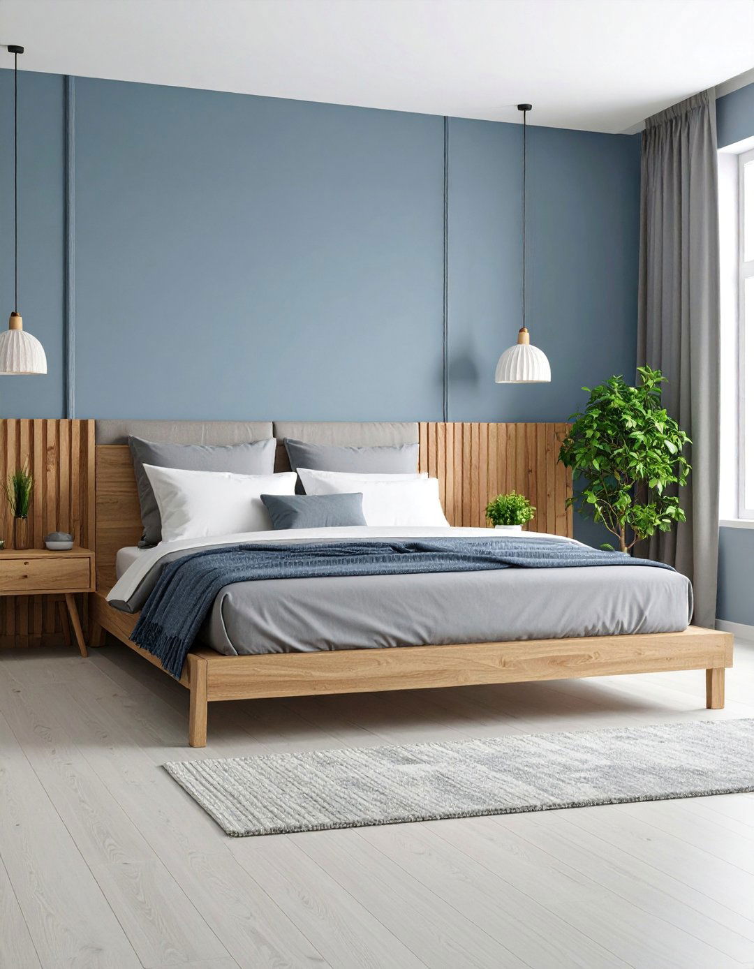 Minimalist Blue Grey Bedroom with Platform Bed - 25 Blue and Grey Bedroom Ideas